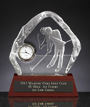MAN SWINGING CRYSTAL AWARD WITH CLOCK
